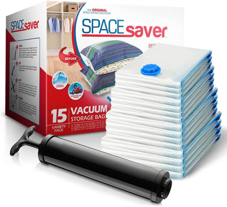 Variety 15 Pack Spacesaver Vacuum Bags Storage - Save 80% Clothes Storage Space - Vacuum Sealer Bags for Comforters, Blankets, Bedding, Clothing - Spacesaver