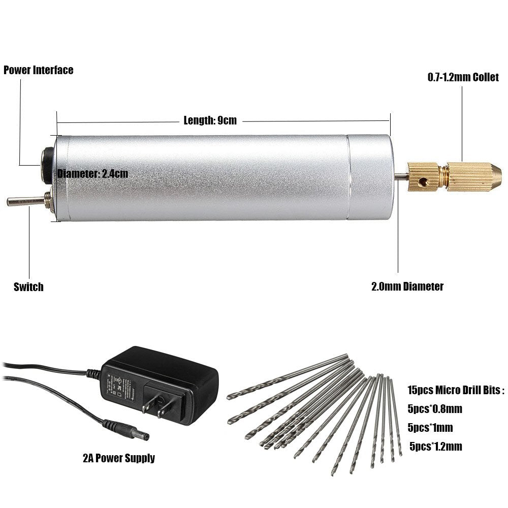 Yakamoz 0.7-1.2mm Mini Micro Electric Aluminum Hand Portable Handheld Drill with 15pcs Drill Bits, 2A Power Supply Included - WoodArtSupply