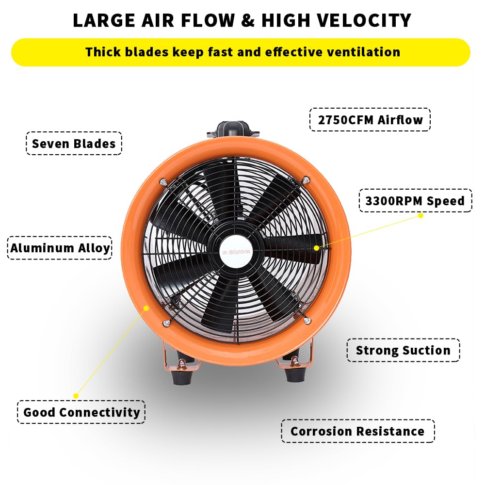 Utility Blower Fan 12 Inch, 550W High Velocity Ventilator with Duct Hose, Low Noise Portable Ventilation Fan, Fume Extractor for Exhausting & FDTDUCT