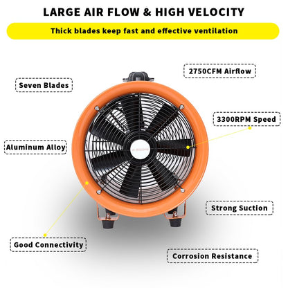 Utility Blower Fan 12 Inch, 550W High Velocity Ventilator with Duct Hose, Low Noise Portable Ventilation Fan, Fume Extractor for Exhausting & - WoodArtSupply