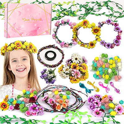 WUBOMJIO Flower Crowns Craft Kit, Make Your Own 12 PCs Flower Crowns Garland Handmade Arts and Crafts for Kids, DIY Fairy Flower Headbands and