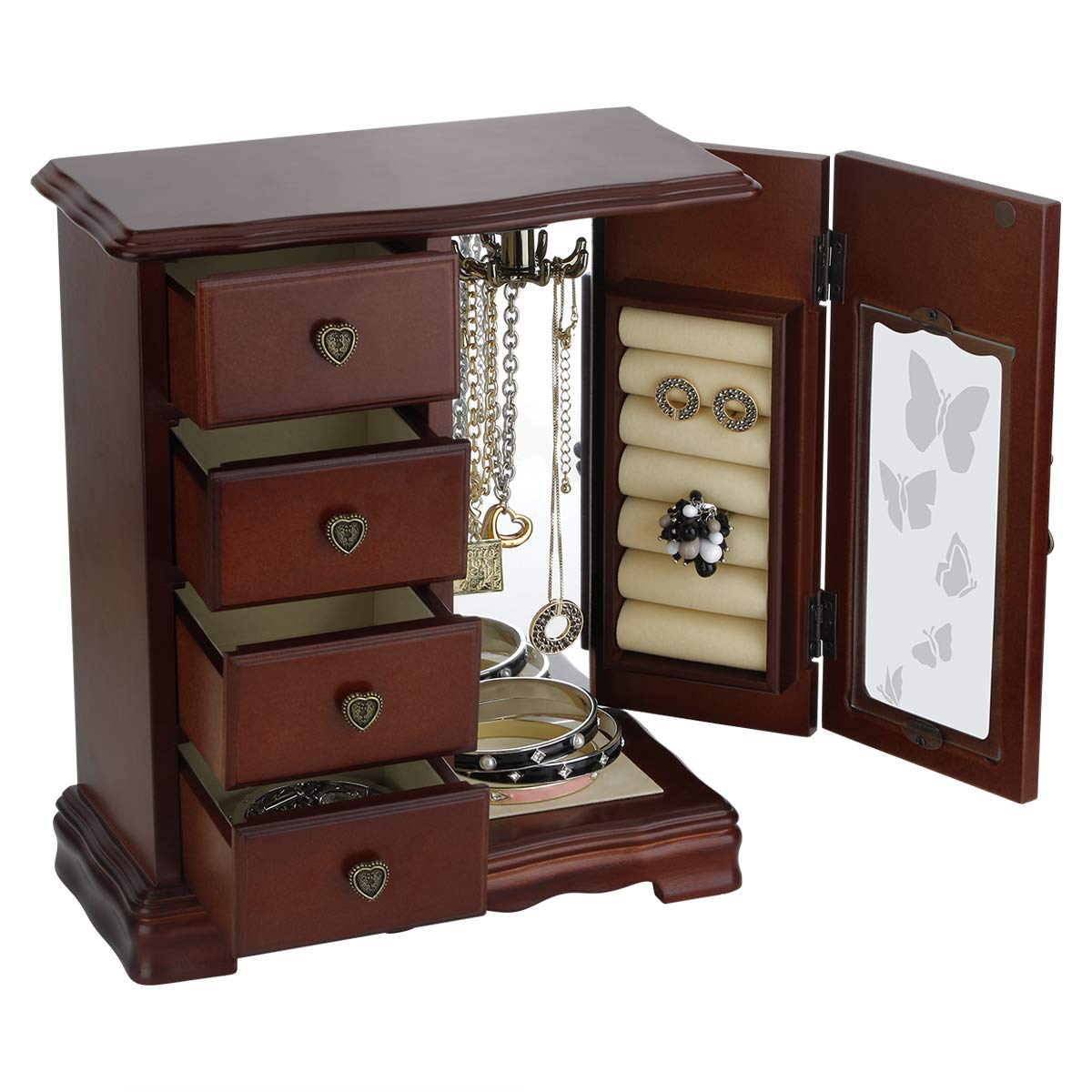RR ROUND RICH DESIGN Solid Wooden Jewelry Box Makeup and Organizer Women Ring Storage with 4-Drawers Built-in Necklace Carousel and Mirror Brown RR ROUND RICH DESIGN