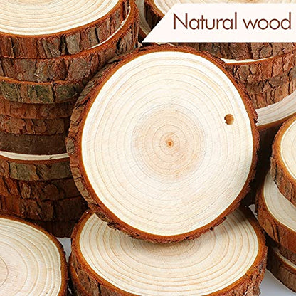 Natural Wood Slices, 30 Pcs 3.1"-3.5" Unfinished Wood Craft Kit, Predrilled Wooden Circles with Hole Crafts Christmas Ornaments DIY Crafts