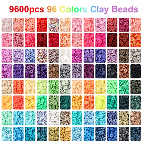 QUEFE 9600pcs Clay Beads for Bracelet Making Kit, 96 Colors Polymer Heishi Beads with Letter Beads for Jewelry Necklace Making, Craft Gifts, Preppy, QUEFE