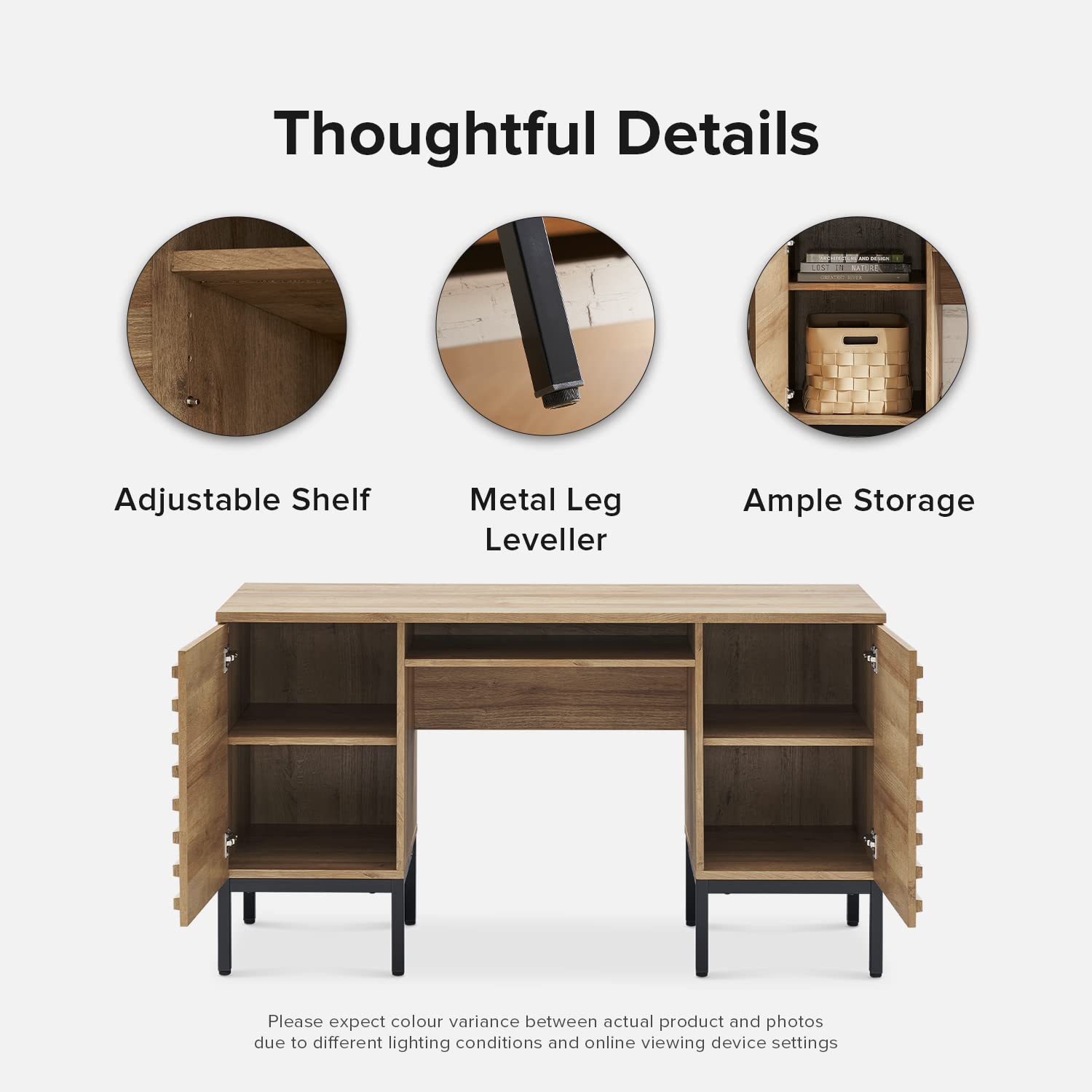 mopio Norwin Executive Desk, Modern Industrial Farmhouse Desks for Home Office, with Sturdy Metal Legs, Fluted Panel Dual Cabinet Soft Close Door, mopio