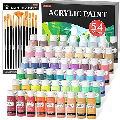 54 Colors Acrylic Paint, Shuttle Art Acrylic Paint set with 12 Paint Brushes, 2oz/60ml Bottles, Rich Pigmented, Water Proof, Premium Paints for - WoodArtSupply