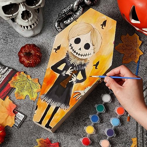 Hiboom 3 Pack Halloween Coffin Box 12 Inch with 3 Paint Set, Small Unfinished Wooden Coffin Box, Wood Serving Tray for Halloween Home Classroom Party