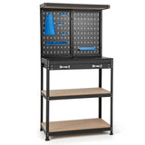 S AFSTAR Garage Workbench with Drawers, 32 x 16 Inches Tool Storage Workbench with Peg Board & 2 Lower Shelves, 14 Hanging Accessories, 220 LBS S AFSTAR
