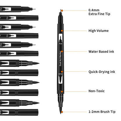 Drawing Pens 12 Pack Dual Brush Pens Black Markers for Art Drawing Sketching