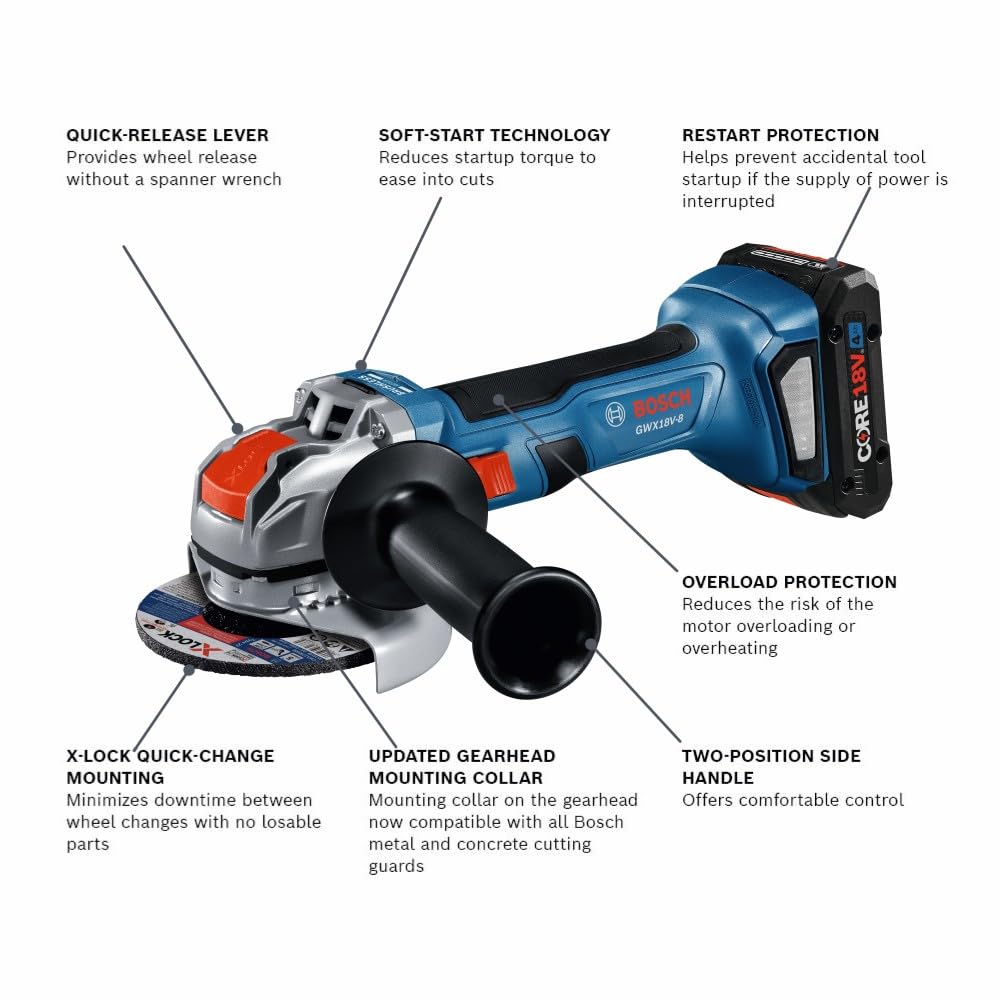 BOSCH GWX18V-8B15 18V X-LOCK Brushless 4-1/2 In. Angle Grinder Kit with (1) CORE18V® 4 Ah Advanced Power Battery, Blue - WoodArtSupply