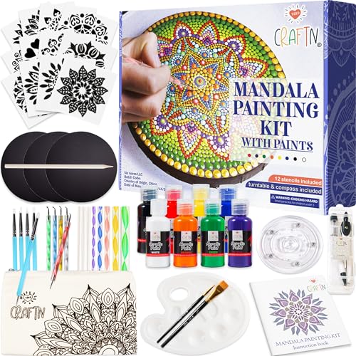 Complete Beginner's Mandala Painting 48 Piece Kit with Acrylic Paints, Reusable Stencils and Dotting Tools. Fun Rock Art & DIY Craft Project. Starter