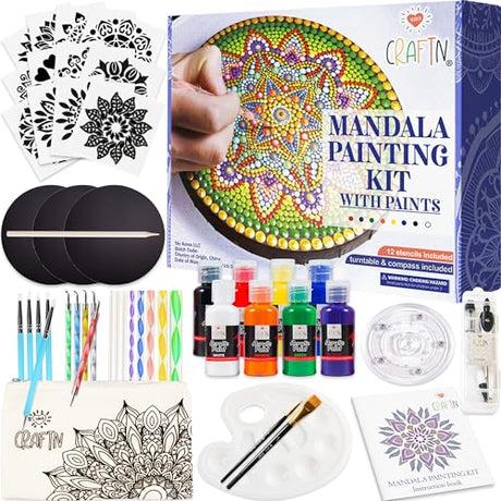 Complete Beginner's Mandala Painting 48 Piece Kit with Acrylic Paints, Reusable Stencils and Dotting Tools. Fun Rock Art & DIY Craft Project. Starter XOXO CraftN