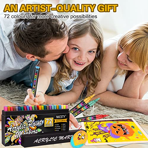 NICETY 72 Colors Acrylic Paint Pens Paint Markers, Extra Fine Tip Point Acrylic Paint Pens for Rock Painting, Canvas, Wood, Ceramic, Glass, Stone, NICETY