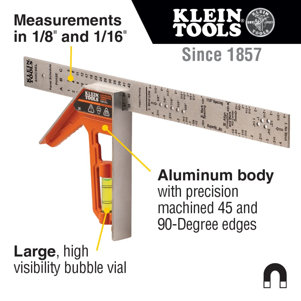 Klein Tools 935CSEL Combination Square Ruler for Electricians and Carpenters, Stainless Steel Double Sided Ruler, Bubble Level, Magnetic Klein Tools