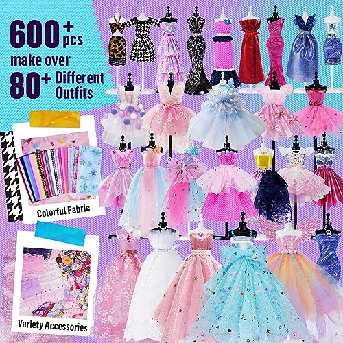600+Pcs - Fashion Designer Kit for Girls with 5 Mannequins - Creativity DIY Arts and Crafts Kit Educational Toys - Sewing Kit for Kids Ages 8-12 -