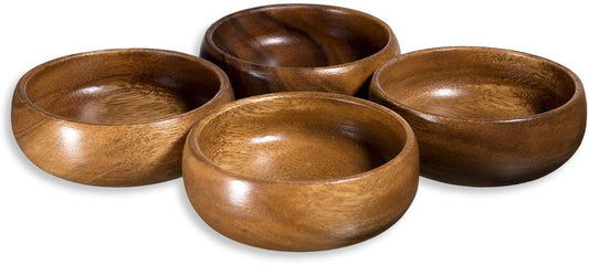 Home Essentials Natural Acacia Wooden Bowls Hand-Carved Calabash Dip Tray Bowl S/4 Ideal for Appetizers, Dips, Sauce, Nuts, Candy, Olives, Seeds, - WoodArtSupply