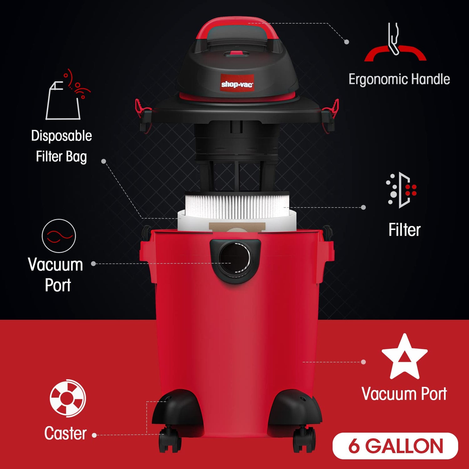 Shop-Vac 6 Gallon 3.0 Peak HP Wet Dry Vacuum, 3 in 1 Function Heavy-Duty Shop Vacuum with Filters, Attachments, Ideal for Home, Jobsite, Garage, Car Shop-Vac