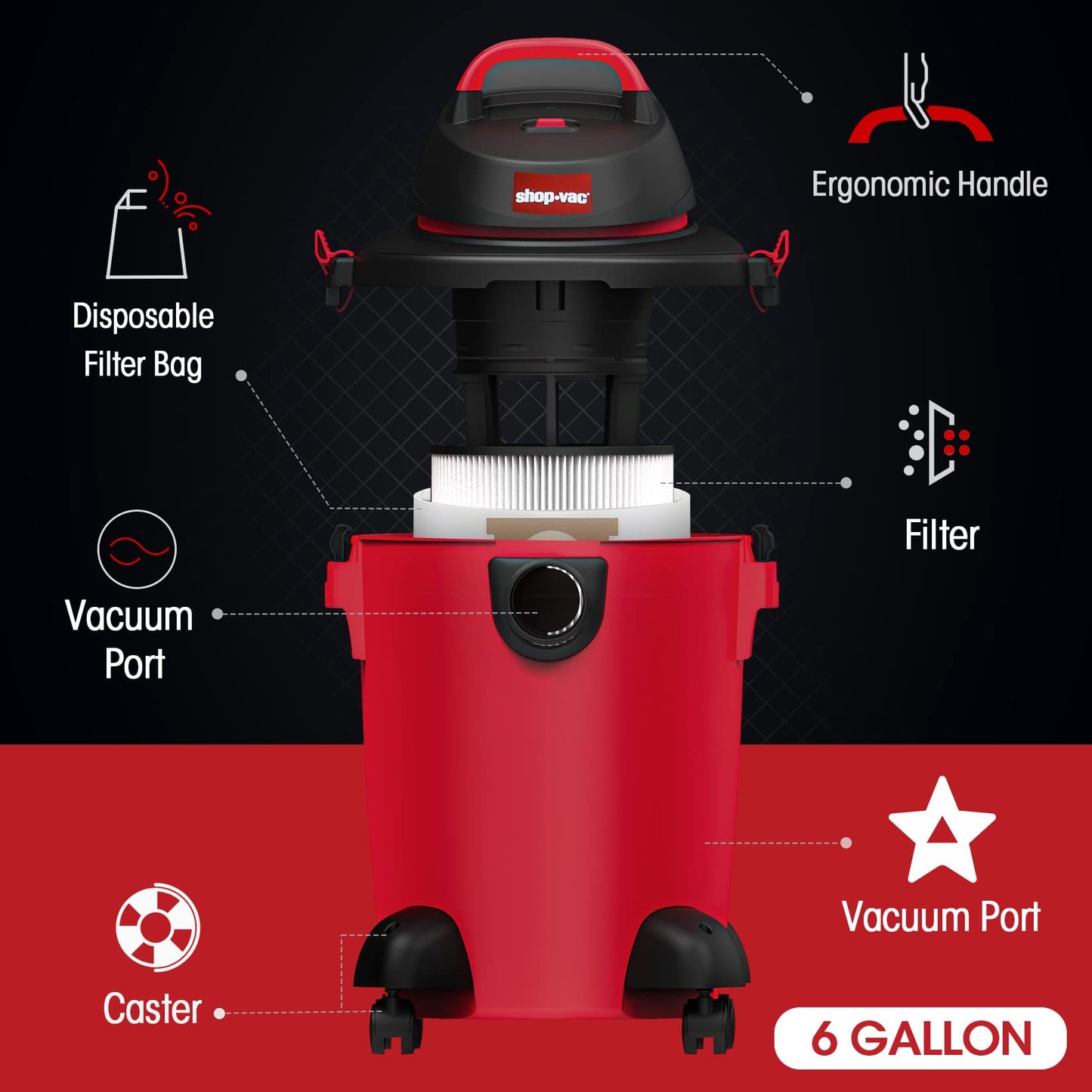 Shop-Vac 6 Gallon 3.0 Peak HP Wet Dry Vacuum, 3 in 1 Function Heavy-Duty Shop Vacuum with Filters, Attachments, Ideal for Home, Jobsite, Garage, Car