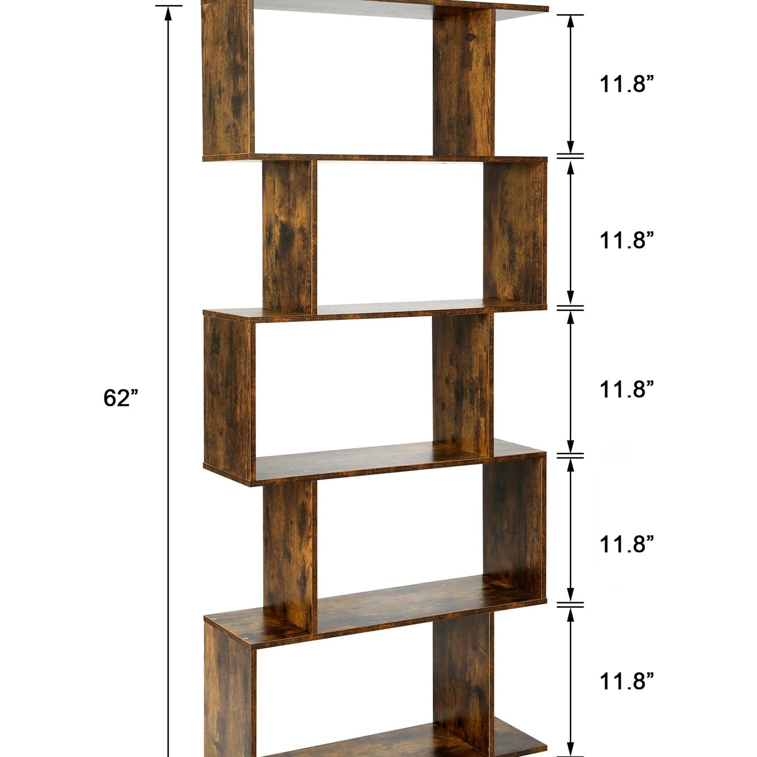 Yusong Rustic Brown 6-Tier S-Shaped Bookcase for Modern Home and Office Décor Yusong