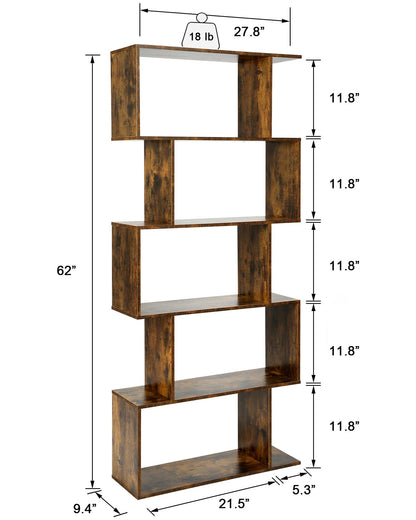 Yusong Rustic Brown 6-Tier S-Shaped Bookcase for Modern Home and Office Décor - WoodArtSupply