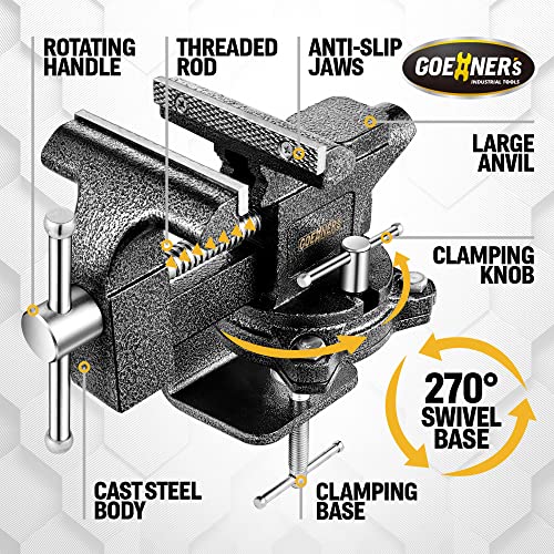 [Upgraded] Multi-Purpose Bench Vise 4-1/2", Table Vice For Workbench, Universal Clamping Vise With Heavy Duty Cast Iron, Multi-Jaw, Swivel Base, Easy GOEHNER's