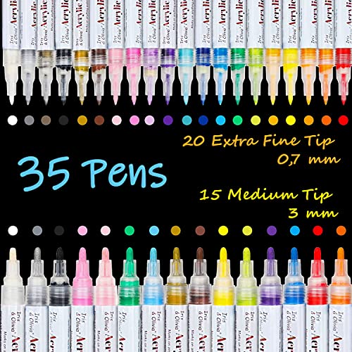 IRIS & OLIVIA 35 Acrylic Paint Pens, Double Premium Set Acrylic Paint Markers of Extra Fine and Medium Tip for Rock Painting, Ceramic, Plastic, IRIS & OLIVIA