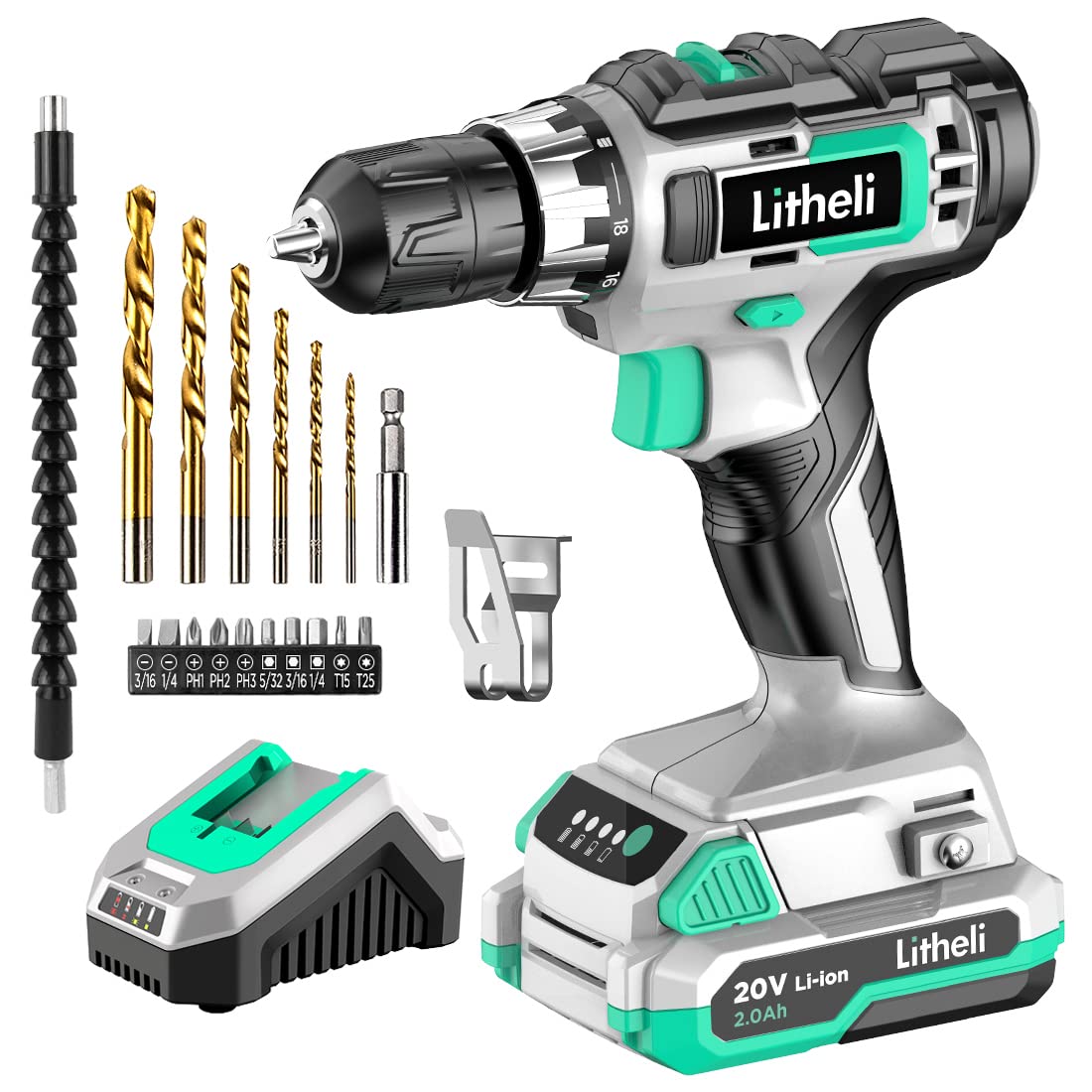 Litheli Cordless Drill Set, 20V Max Power Drill Cordless Set, 3/8” Keyless Chuck, 18+1 Torque Settings, Variable Speed, w/ 2.0 Ah Battery and 1 Hour