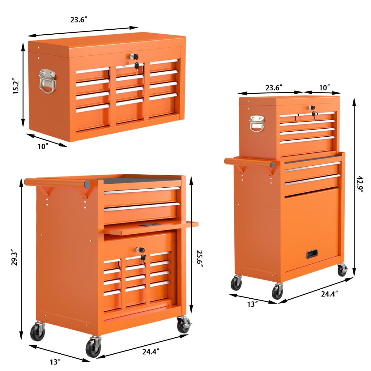 High Capacity Tool Chest Tool Box, Rolling Tool Chest with 8 Drawers, Portable Top Box with Lock, Garage Tool Storage Cabinet with Wheels, Keyed Go Big