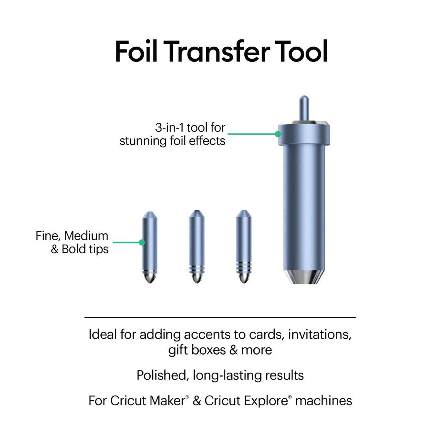 Cricut Foil Transfer Kit, Includes 12 Foil Transfer Sheets, 3 Cricut Tools in 1 with Interchangeable Tips (Fine, Medium & Bold), Tool Housing & Cricut