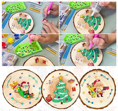 ilauke Wood Slices, 30PCS 3.1''-3.5''Natural Wooden Christmas Ornaments Kit Unfinished Wooden Circles with Pre-Drilled Hole, Acrylic Paint, Diamonds, - WoodArtSupply