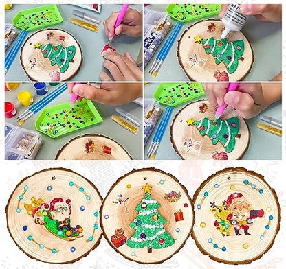 ilauke Wood Slices, 30PCS 3.1''-3.5''Natural Wooden Christmas Ornaments Kit Unfinished Wooden Circles with Pre-Drilled Hole, Acrylic Paint, Diamonds, - WoodArtSupply