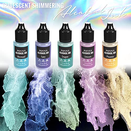 Pixiss Iridescent Color Changing Alcohol Ink Set - 5 Shades of Alcohol Ink for Epoxy Resin Supplies, Yupo Paper, Tumblers, Coasters - Resin Colorant Pixiss