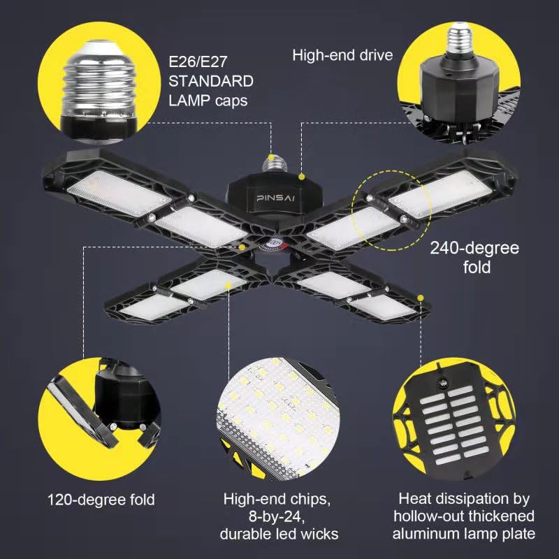 PINSAI LED Garage Light,Super Bright Screw in E26/E27 Ceiling Shop Work Lamp, 150W 15000 Lumen Deformable Basement Bulb Fixture with 8 Adjustable PINSAI