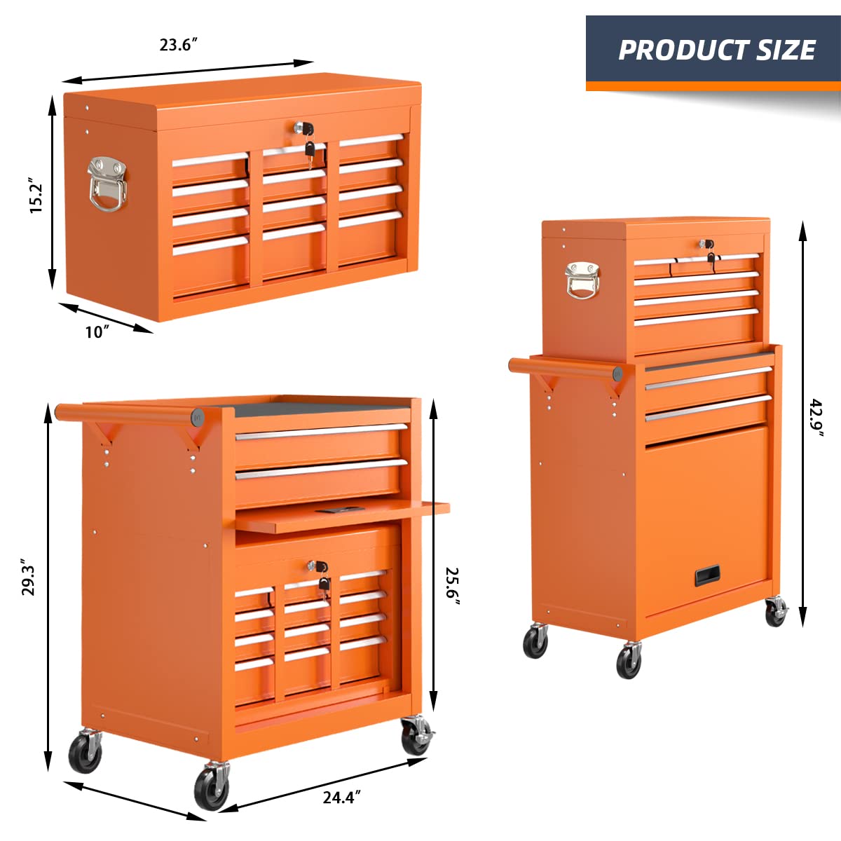 8-Drawer Rolling Tool Chest & Portable Tool Box with 2 Handles, Lockable Rolling Tool Box with 4 Hooks, Large Capacity Garage Storage Tool Cabinet SGmory