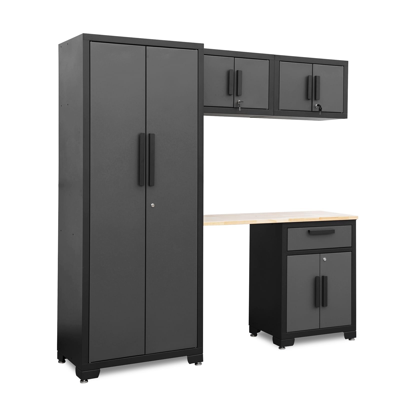 Torin AGPZ100B Garage 5 Pcs Garage Storage Cabinet Set with Wood Workbench, Garage Cabinets and Storage System, Black/Grey - WoodArtSupply