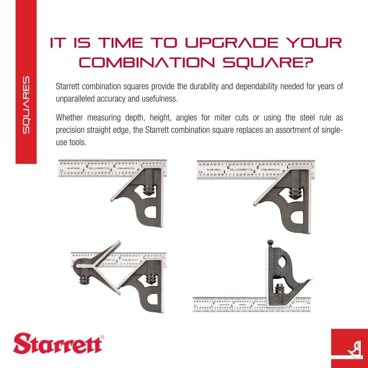 Starrett Steel Combination Square with Square Head - 24" Blade Length, Cast Iron Head, Hardened Steel, Reversible Lock Bolt, Scriber, 4R Graduation - WoodArtSupply