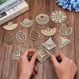 48pcs Unfinished Wooden Filigree Earring Making Kits 12 Styles Undyed Natural Wood Antique Hollow Dangle Charm Beads for DIY Earrings Pendants Making PandaHall