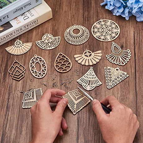 48pcs Unfinished Wooden Filigree Earring Making Kits 12 Styles Undyed Natural Wood Antique Hollow Dangle Charm Beads for DIY Earrings Pendants Making PandaHall