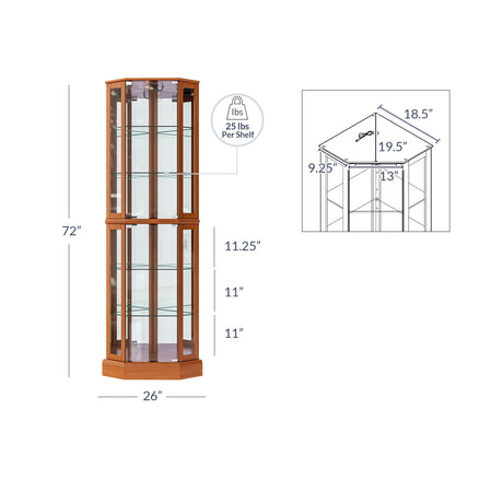 BELLEZE Lighted Curio Cabinet Corner Display Case for Living Room, China Hutch with Tempered Glass Doors and Shelves, Wooden Accent Cabinet, Bar and BELLEZE