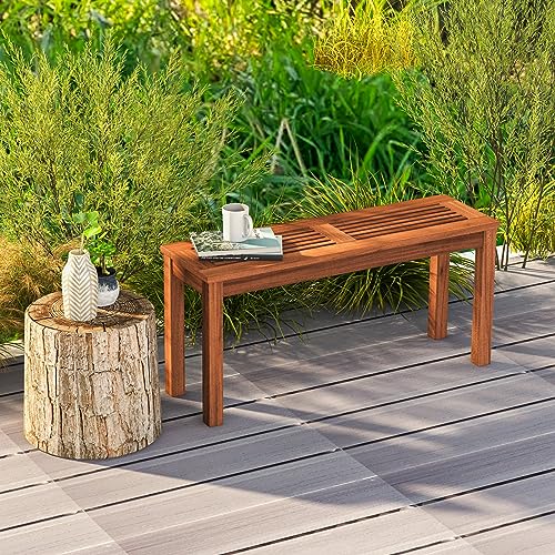 Tangkula Patio Wood Bench, 2-Person Solid Wood Bench with Slatted Seat, 39.5?Long Loveseat with Stable Wood Frame, Indoor Outdoor Dining Bench for