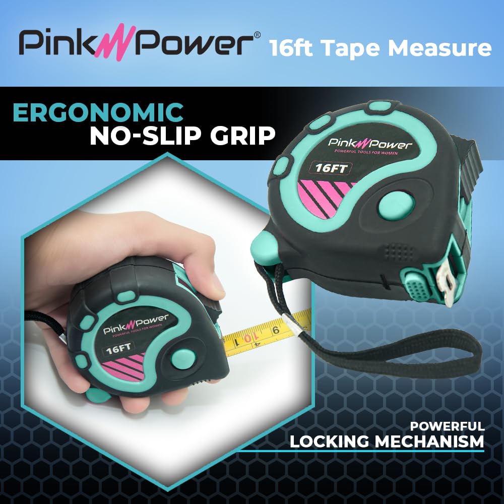 Pink Power 16ft Blue Tape Measure - Small Measuring Tape Measure for Tool Kit with Retractable Blade and Lock Button - Small Tape Measure - Heavy Pink Power
