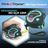 Pink Power 16ft Blue Tape Measure - Small Measuring Tape Measure for Tool Kit with Retractable Blade and Lock Button - Small Tape Measure - Heavy Pink Power