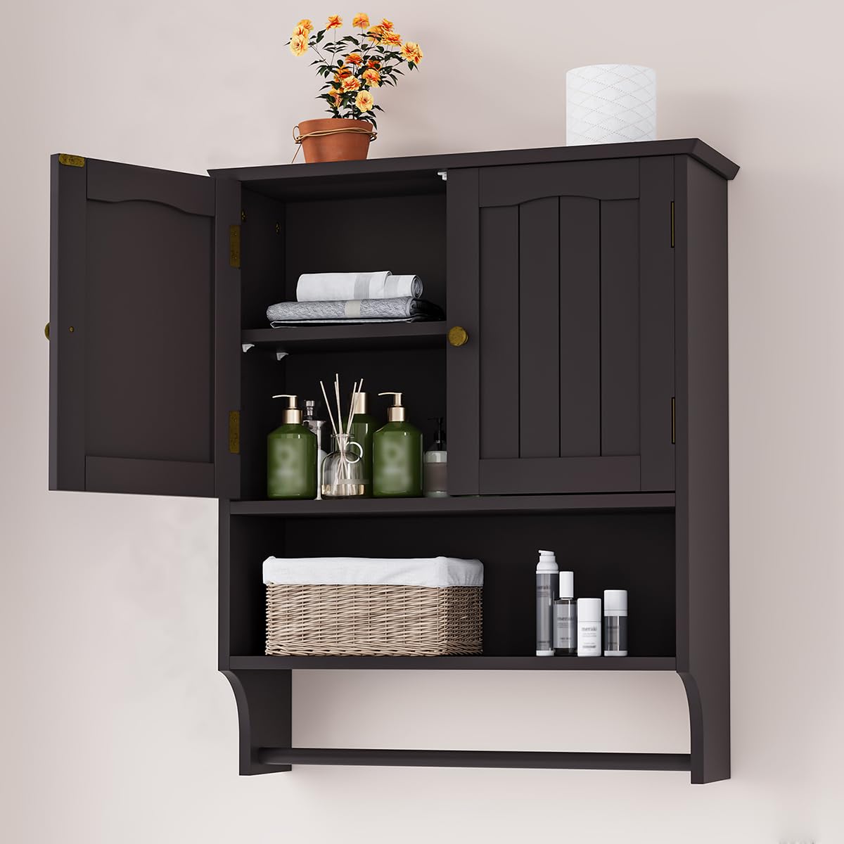 Mino Kesper Wooden Bathroom Wall Cabinet with Adjustable Shelf and Towel Rack Mino Kesper