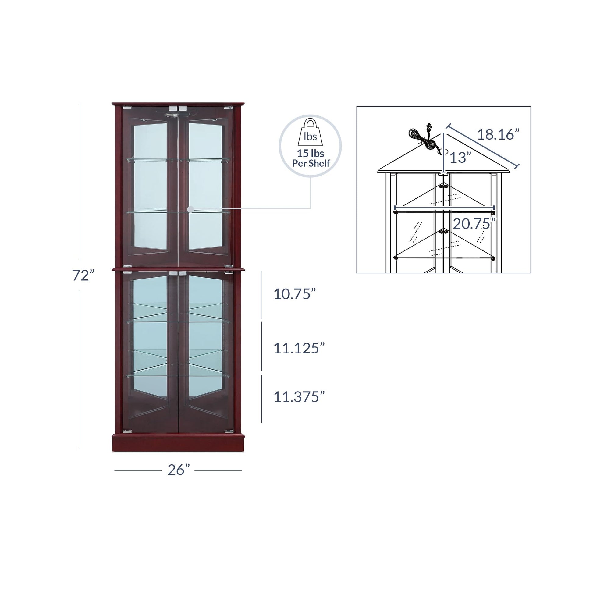 BELLEZE Lighted Corner Display Curio Cabinet Wooden Shelving Unit with Tempered Glass Door, Bar and Liquor Storage Area with 6 Shelves - Woody - WoodArtSupply