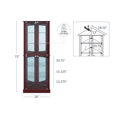 BELLEZE Lighted Corner Display Curio Cabinet Wooden Shelving Unit with Tempered Glass Door, Bar and Liquor Storage Area with 6 Shelves - Woody - WoodArtSupply