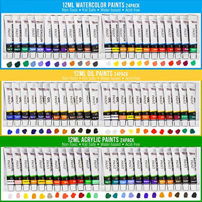 U.S. Art Supply 133-Piece Deluxe Ultimate Artist Painting Set with Aluminum and Wood Easels, 72 Paint Colors, 24 Acrylic, 24 Oil, 24 Watercolor, 8 - WoodArtSupply