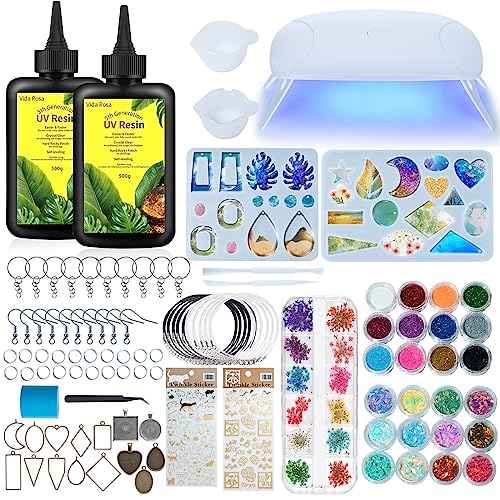Vida Rosa UV Resin Kit 180 pcs with UV Lamp, 200g Crystal Clear, Starter Set for Jewelry Making and Coating, Earring Hook, Necklace Chain, 2 Molds