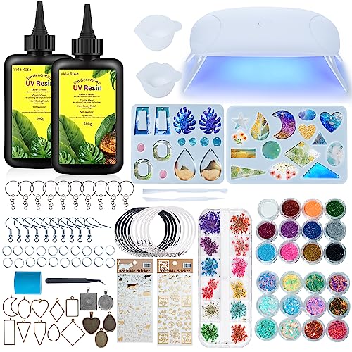 Vida Rosa UV Resin Kit 180 pcs with UV Lamp, 200g Crystal Clear, Starter Set for Jewelry Making and Coating, Earring Hook, Necklace Chain, 2 Molds - WoodArtSupply