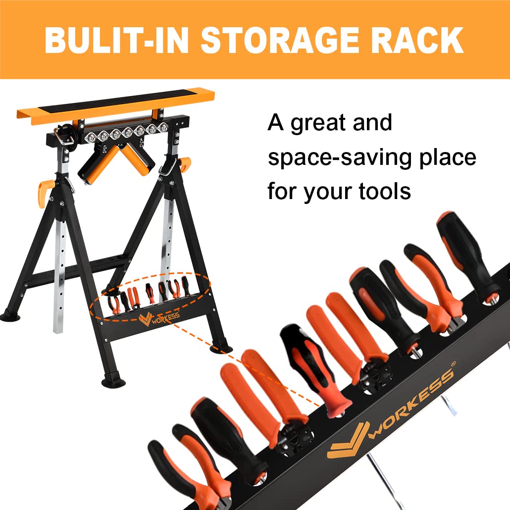 WORKESS 4 in 1 Roller Stand, Stable 440 Lbs Load Capacity with Saw Horses, V-Shaped, Multi-Directional Rollers & Outfeed Roller, Adjustable Height