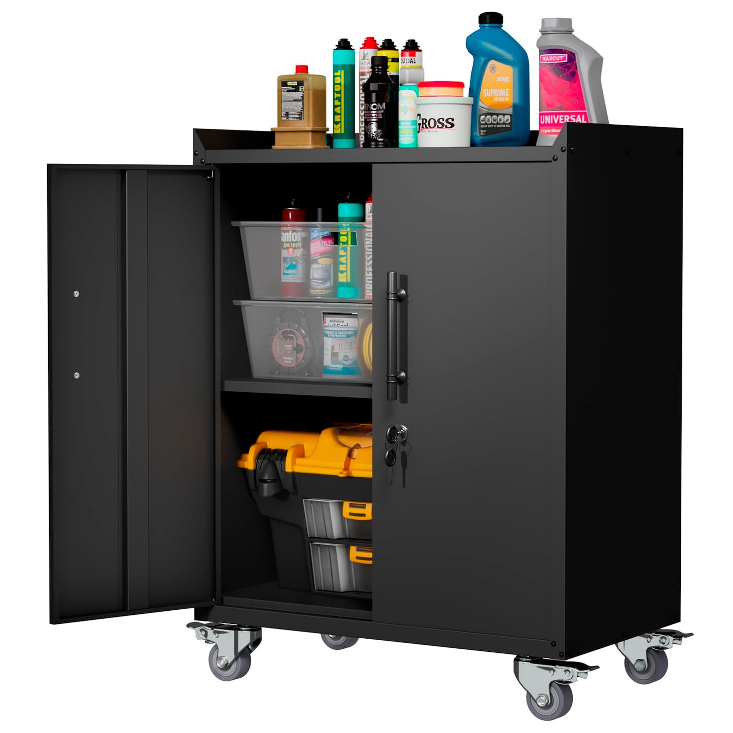 Leariso Garage Storage Cabinet with Wheels,Metal Storage Cabinet with Doors and Adjustable Shelves,Lockable Steel Storage Cabinet,for Garage, - WoodArtSupply